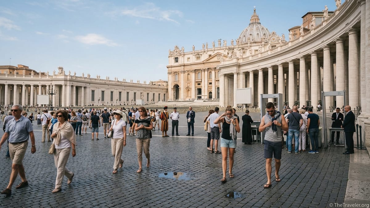 Crowds queue in St Peter’s Square under the dome of St Peter’s Basilica on a sunny day.