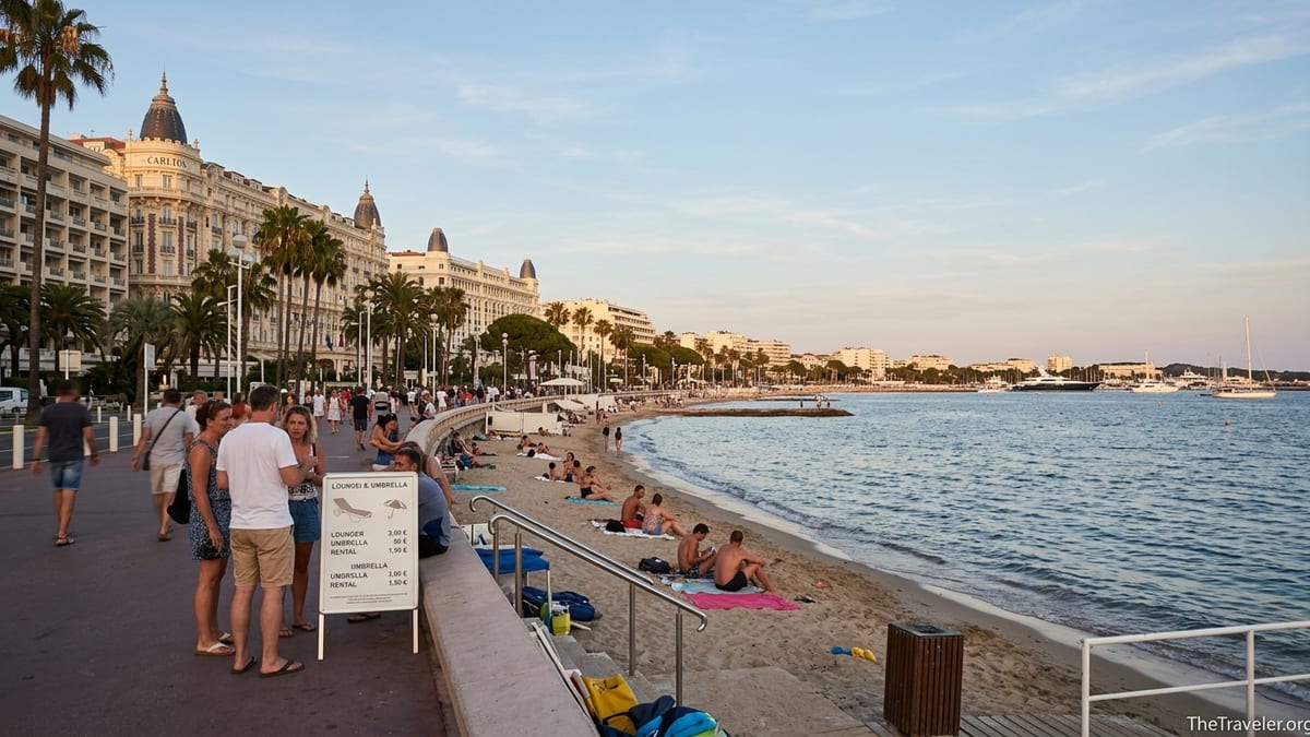 Tourists on La Croisette weighing beach club prices beside a free public beach in Cannes at sunset.