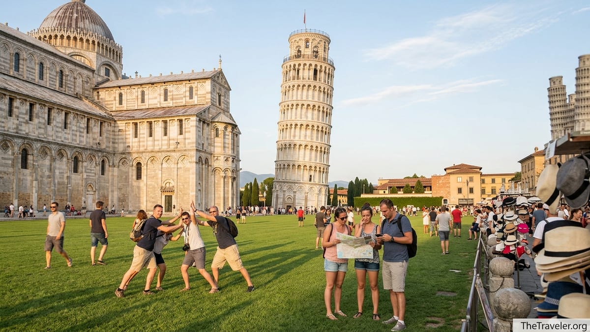 Crowds of tourists around the Leaning Tower of Pisa on a sunny afternoon