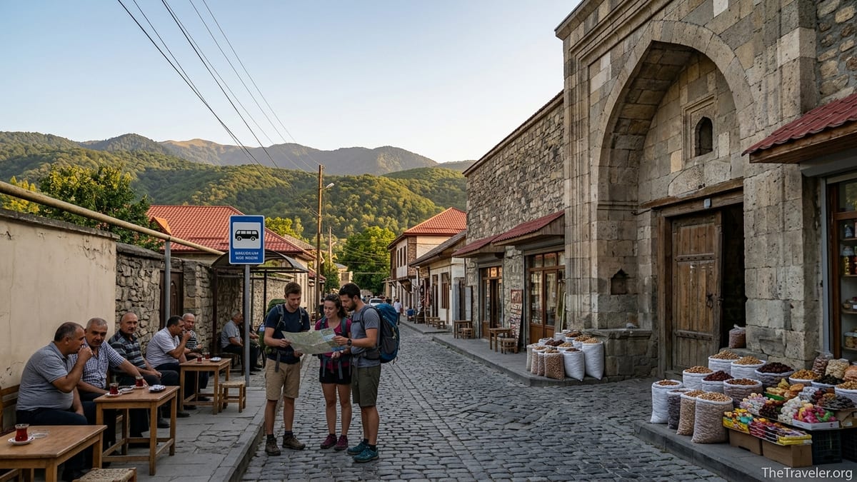 Evening street by the caravanserai in Sheki with locals drinking tea and travelers walking past.
