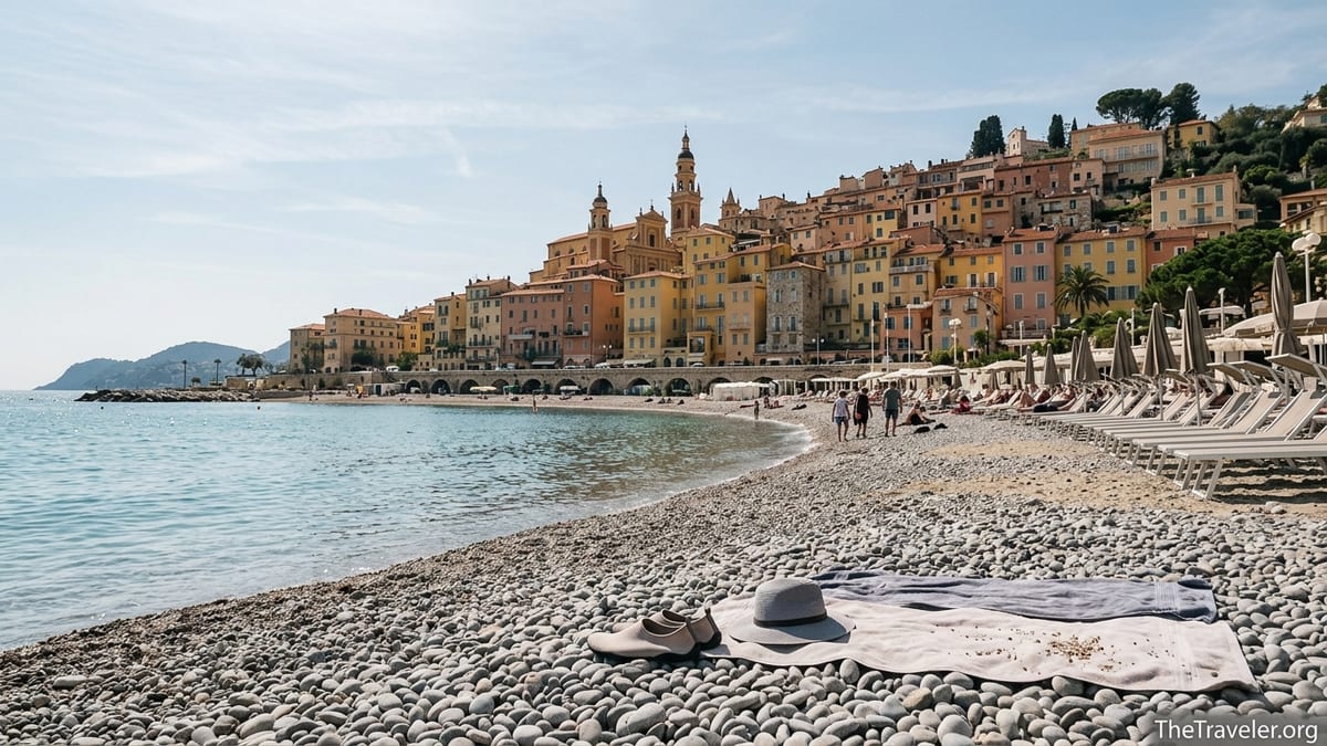 View from Menton’s pebbly Plage des Sablettes toward the pastel old town and church towers on a calm sunny day.