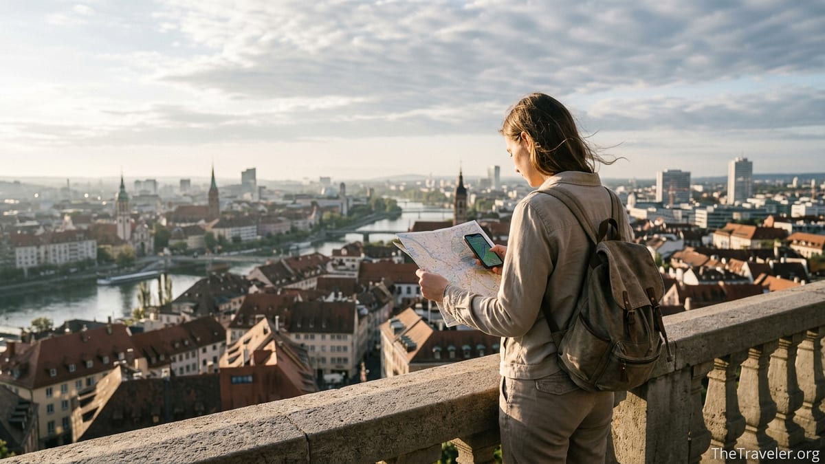 Solo traveler with backpack studying a map above a sunlit European city skyline.
