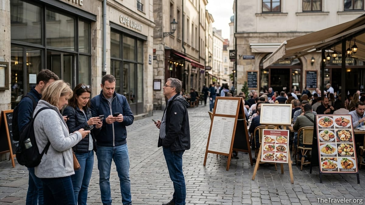 Travelers checking review apps in a crowded European square outside busy tourist restaurants.