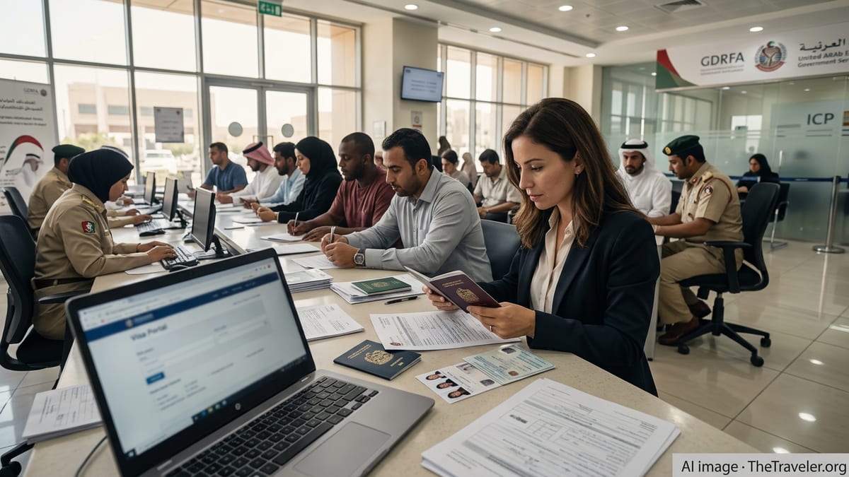 Expats reviewing UAE visa application documents at a modern government service center