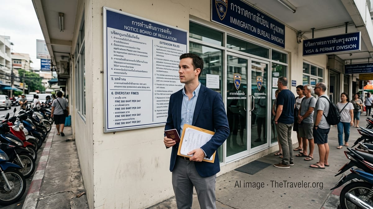 Expat holding passport outside a Thai immigration office reviewing visa rules.