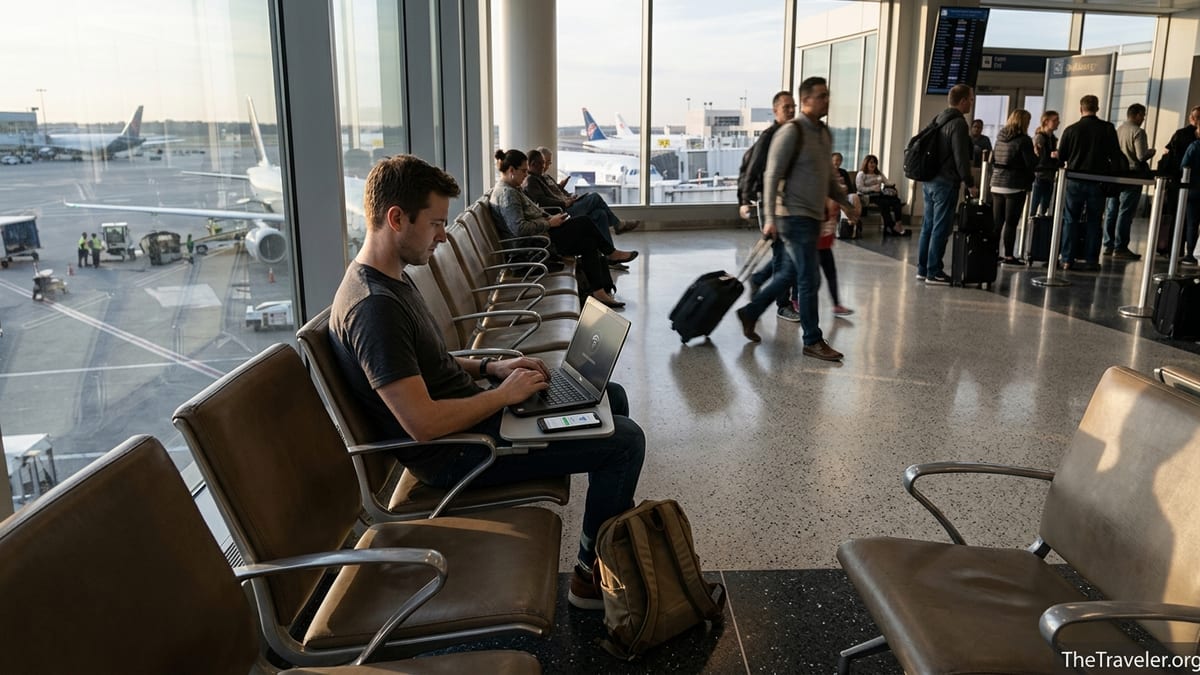 Traveler using a laptop with VPN on in a busy airport lounge near large windows.