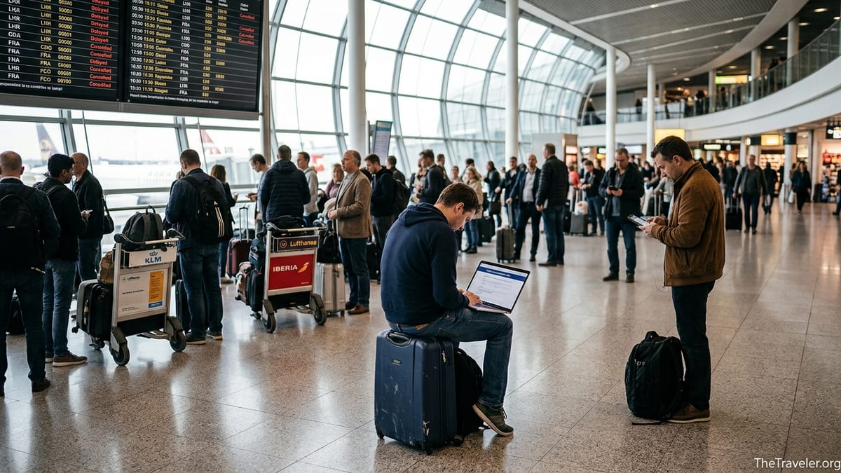 Traveler in a busy European airport checking a flight compensation claim on a laptop.