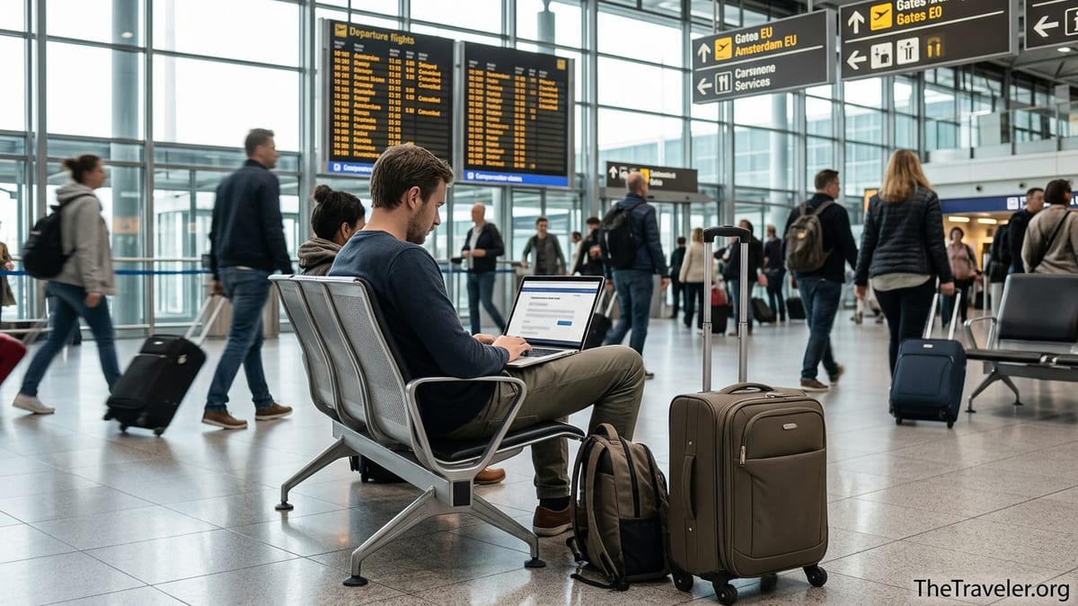 Traveler with luggage using a laptop in front of delayed flight board at a busy airport.