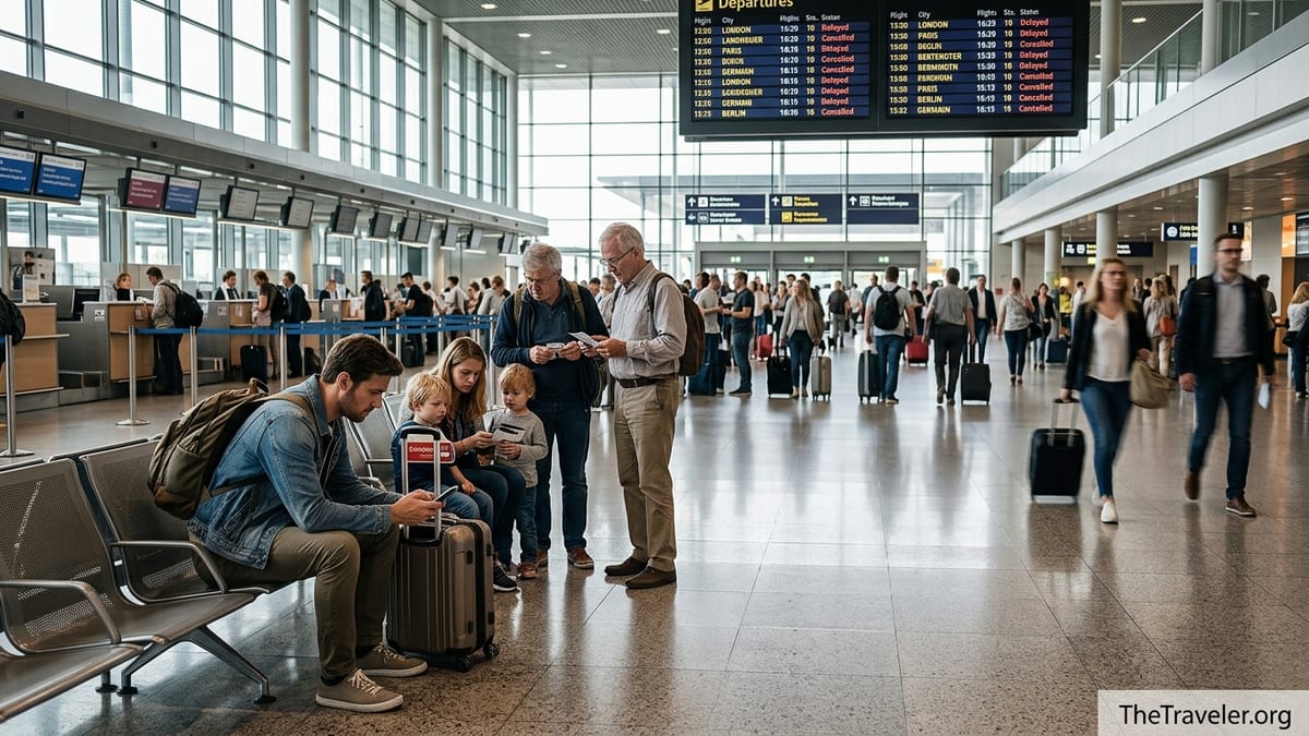Frustrated air passengers in a busy European airport terminal checking a delayed flight on a phone.