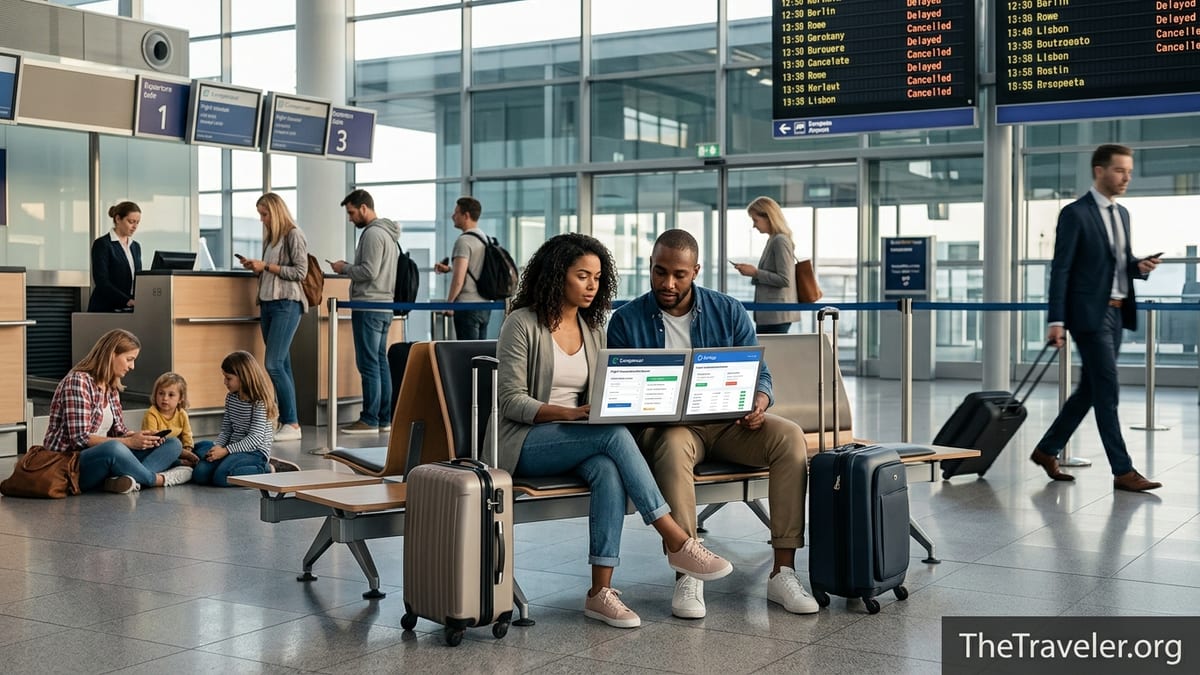 Travelers in a European airport comparing Compensair and AirHelp on a laptop after a delayed flight.