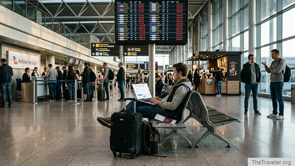 Traveler in a busy European airport terminal checking flight compensation options on a laptop after delays.