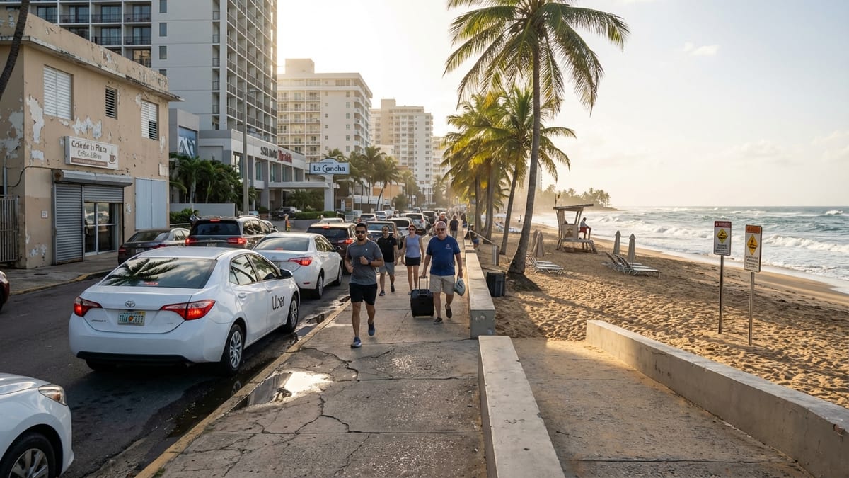Candid street-and-beach scene in Condado, San Juan, Puerto Rico. 