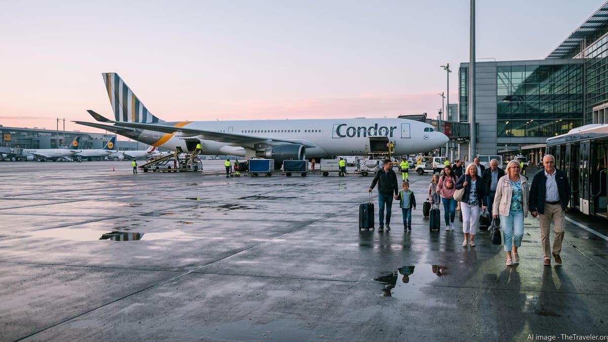 Condor Airbus aircraft on a damp Frankfurt runway as repatriated passengers walk toward the terminal at dawn.