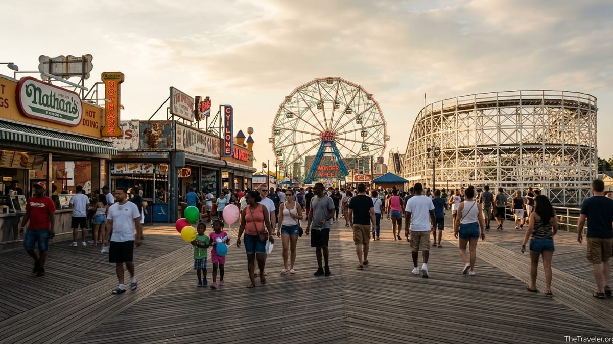 Crowds walking along the Coney Island boardwalk at sunset with the Wonder Wheel in the background.