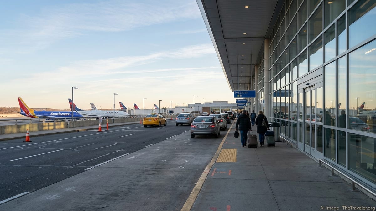 Exterior curbside view of Bradley International Airport terminal at sunrise with travelers and parked cars.