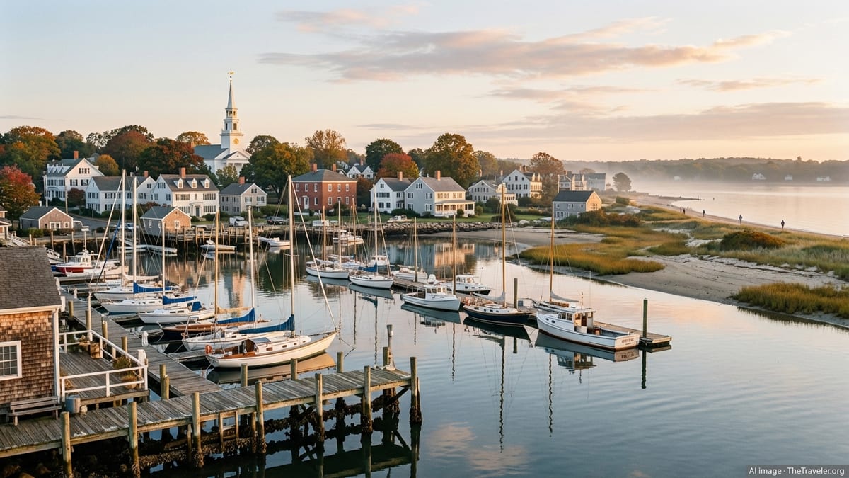 Sunrise over a small Connecticut harbor with sailboats, town skyline and sandy beach.