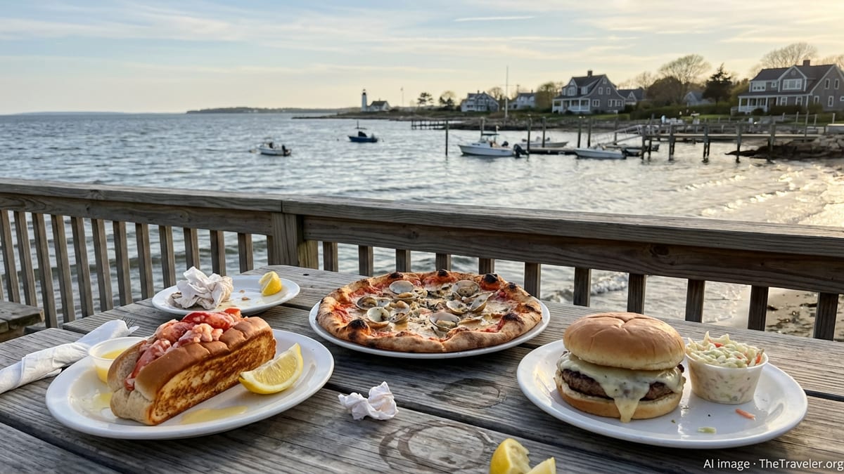 Connecticut shoreline picnic table with lobster roll, New Haven pizza and steamed cheeseburger at sunset.