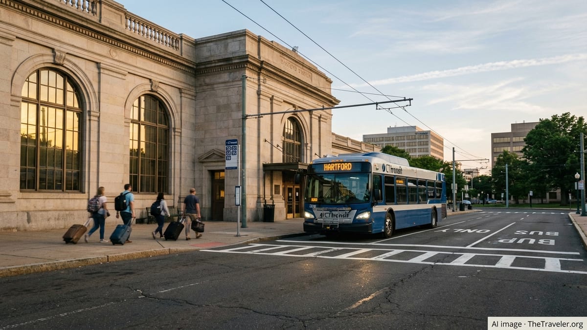 Travelers boarding a CTtransit bus in front of Hartford Union Station at sunrise.