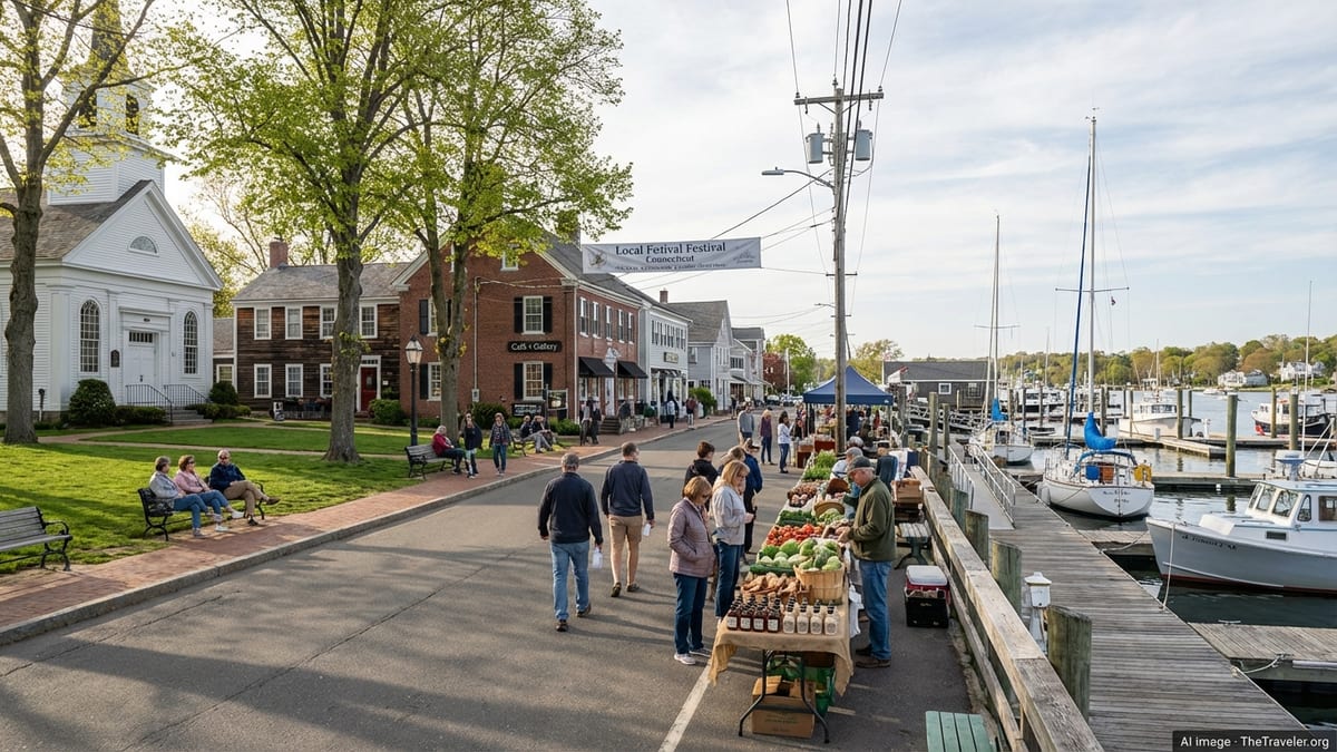 Connecticut shoreline town green and harbor with people, historic buildings, and boats on a late spring afternoon.