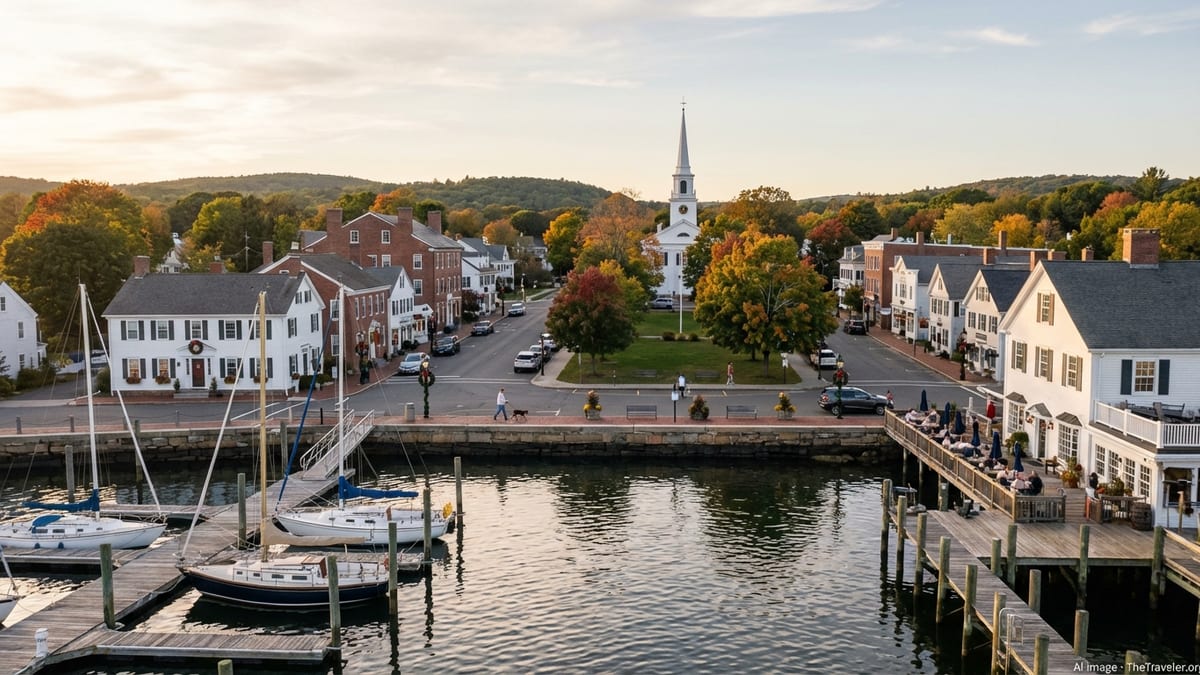 Connecticut harbor town at golden hour with sailboats, main street, and fall foliage hills.