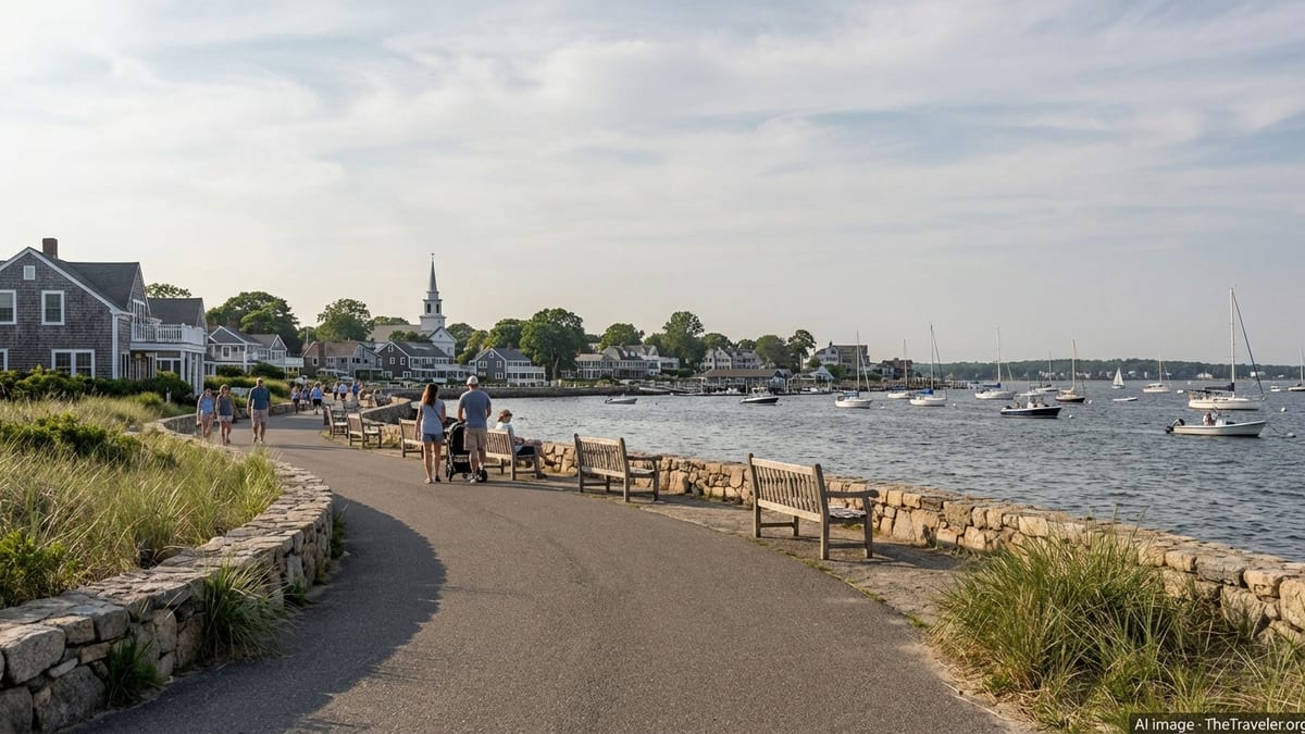 Tourists walking along a sunny Connecticut shoreline path beside calm water and a coastal town.