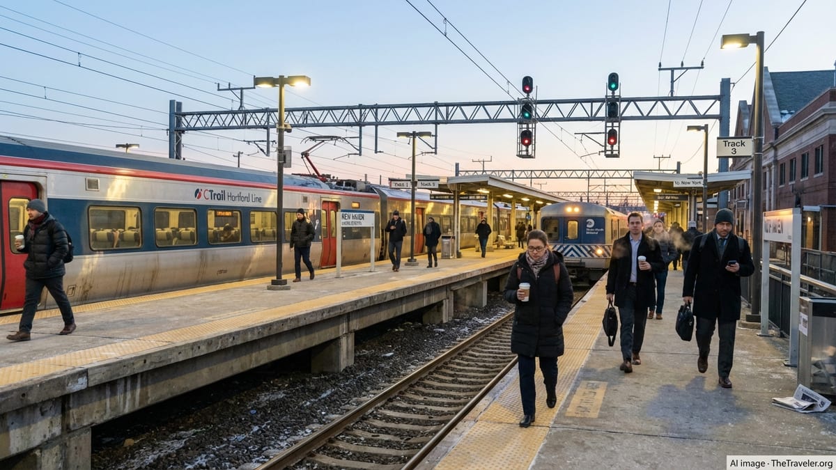Morning commuters boarding CTrail and Metro-North trains at New Haven Union Station in Connecticut.