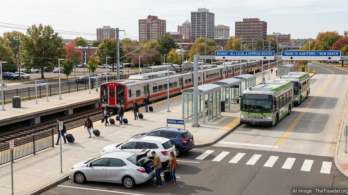 Commuter train, buses and rental cars converging at a busy Connecticut transit hub on a clear day.