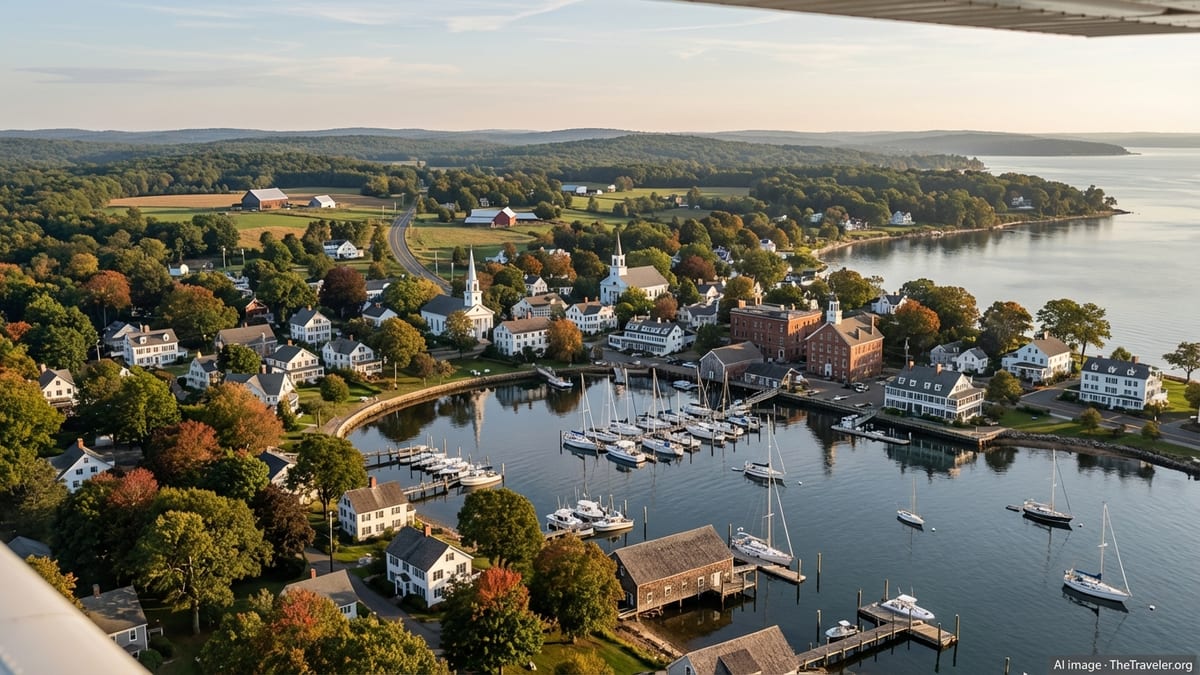 Aerial view of a Connecticut coastal town with harbor, sailboats and early autumn foliage at sunset.