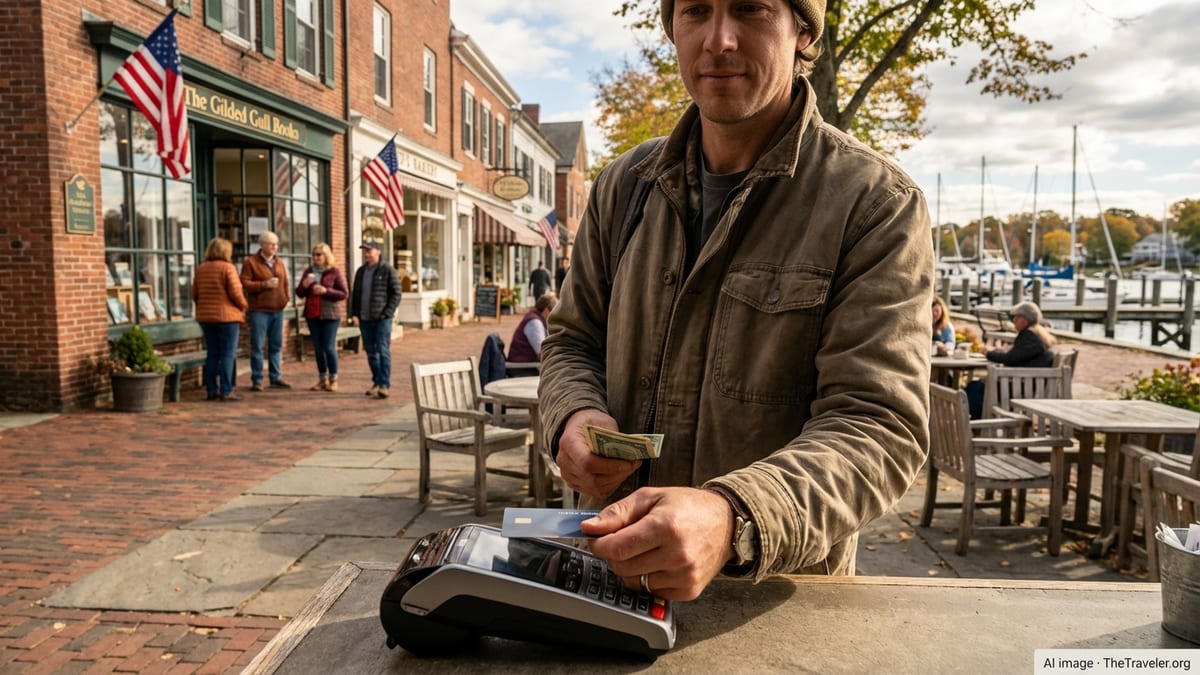 Traveler paying with a card at a café in a Connecticut coastal town main street.