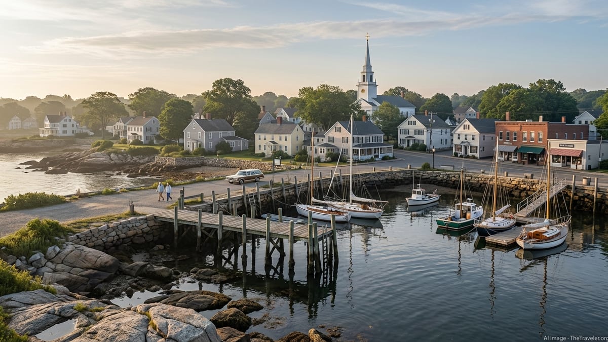 Sunrise over a small Connecticut harbor with boats, houses, and a quiet shoreline street.