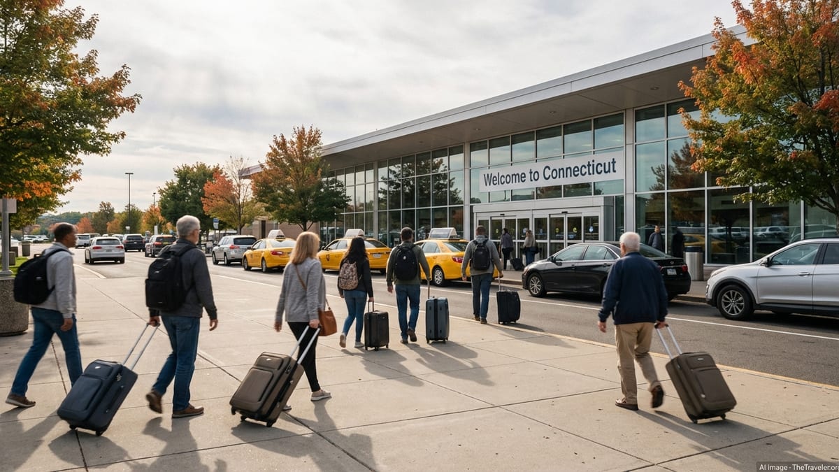 Travelers with suitcases arriving outside Bradley International Airport in Connecticut in autumn.