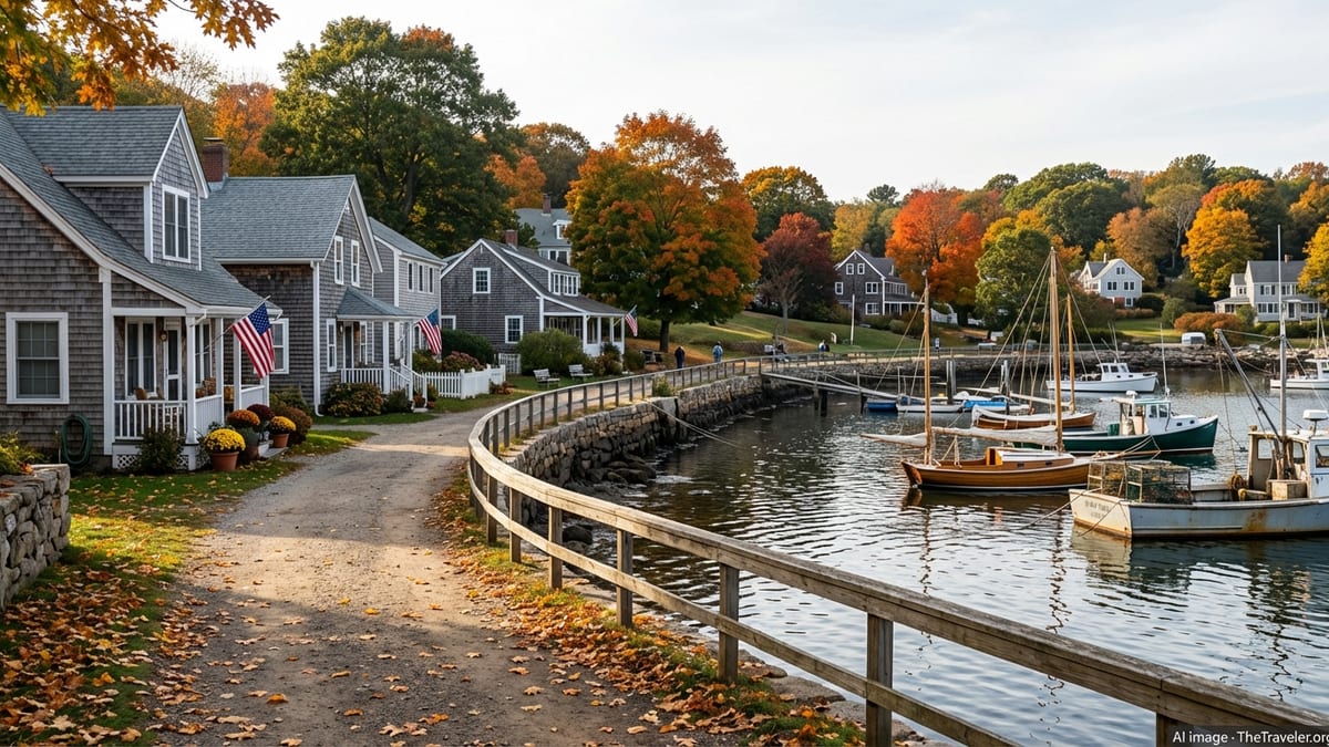 Early autumn harbor and shoreline path in a small Connecticut coastal town.