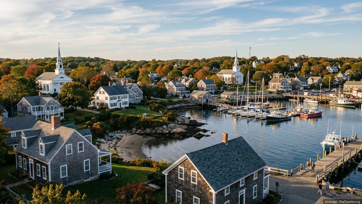 New England harbor town with early autumn foliage, boats, and colonial houses at golden hour