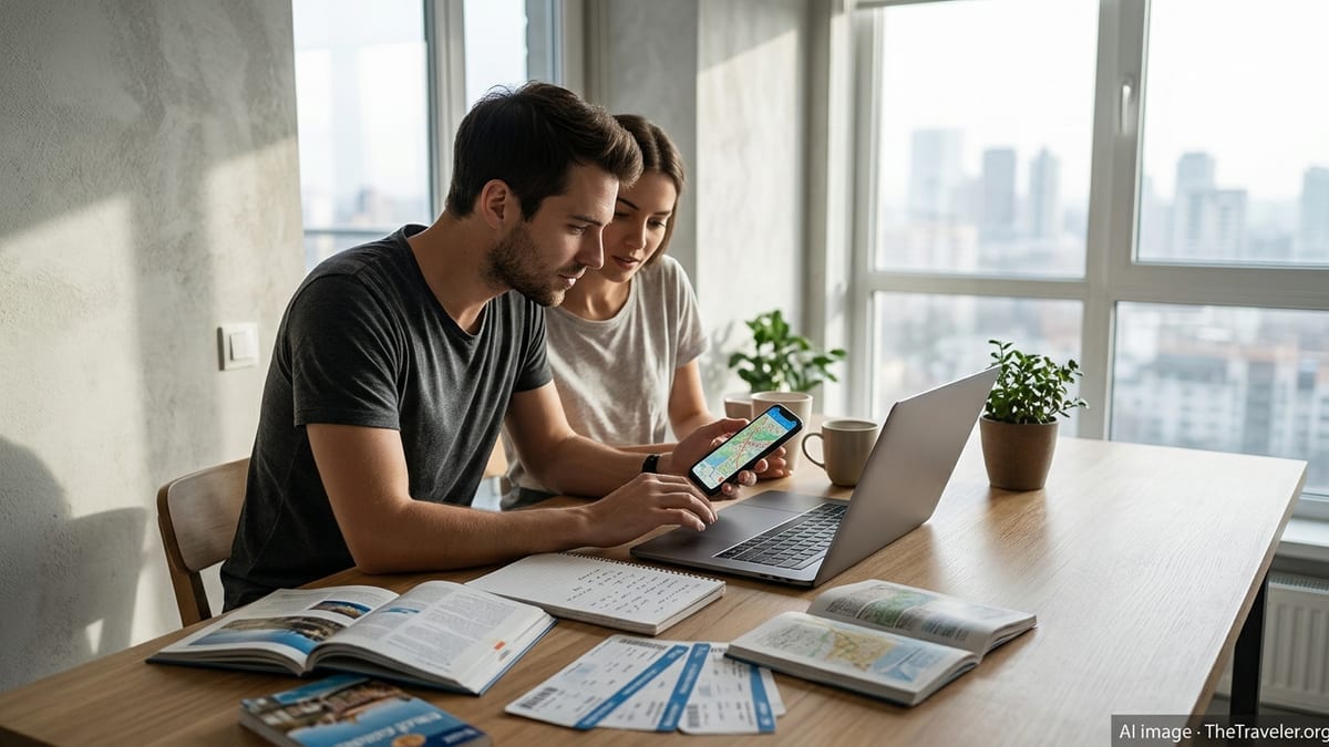 Couple planning a trip at a kitchen table using a laptop, phone and printed notes.