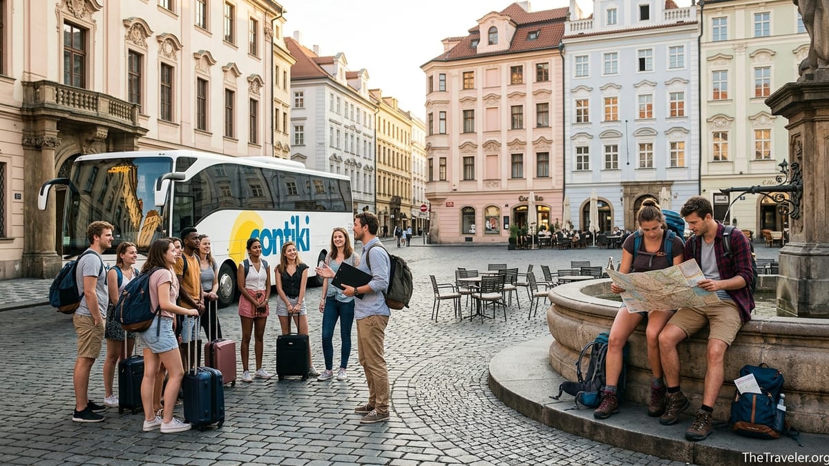 Young travelers choosing between a Contiki tour bus and independent backpacking in a European city square.