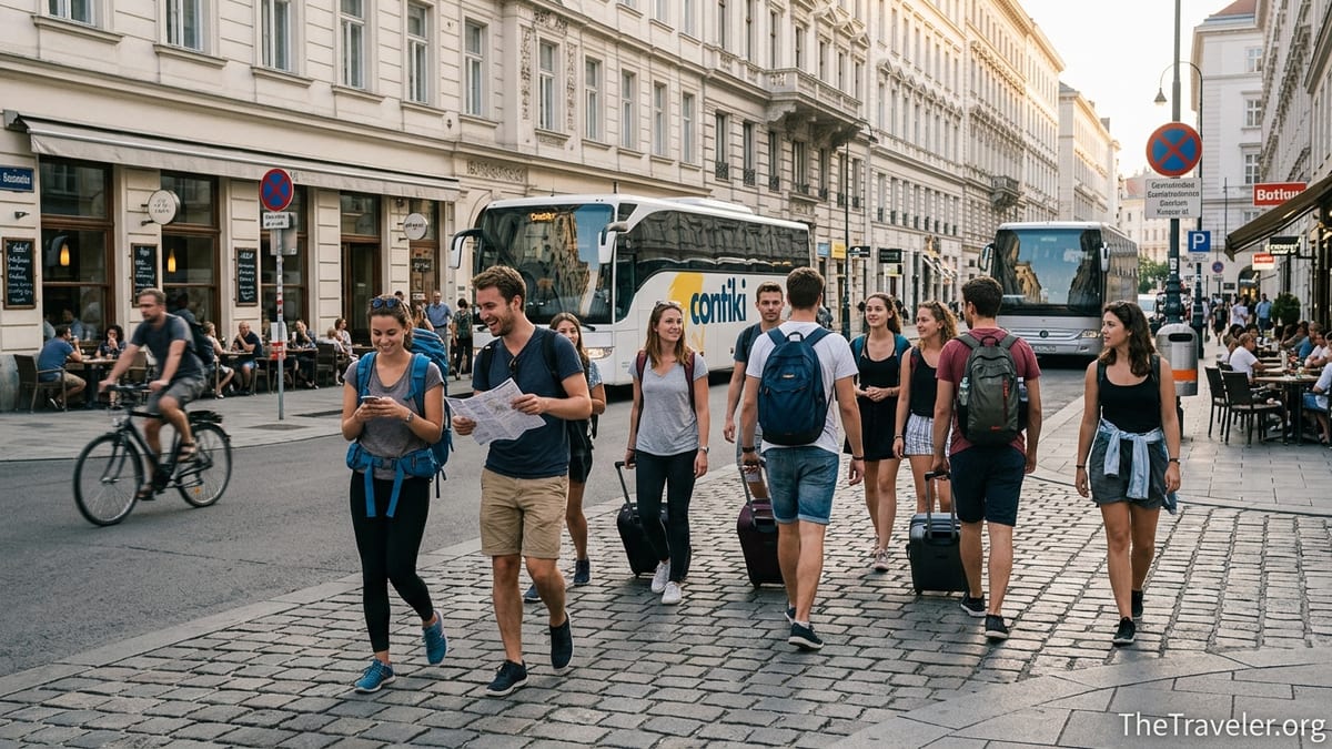 Young group tour travelers walking past a Contiki coach and cafes on a European city street at sunset.