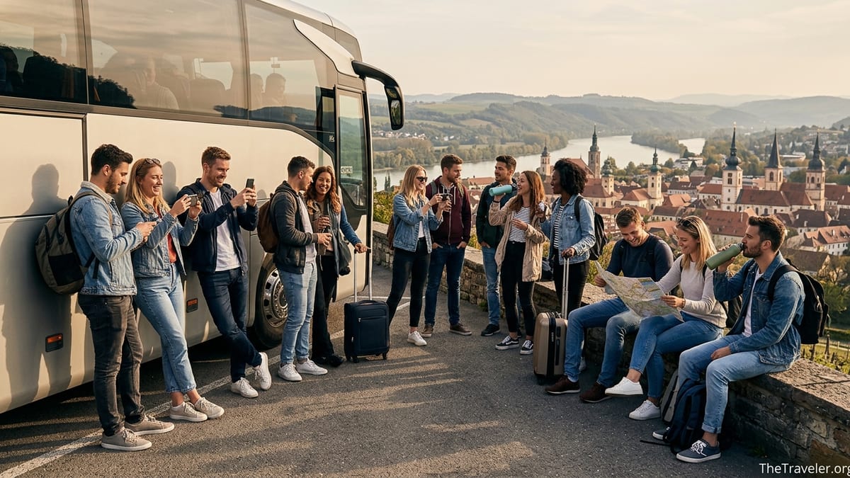 Young Contiki-style travelers socializing beside a tour bus at a scenic European viewpoint at sunset.