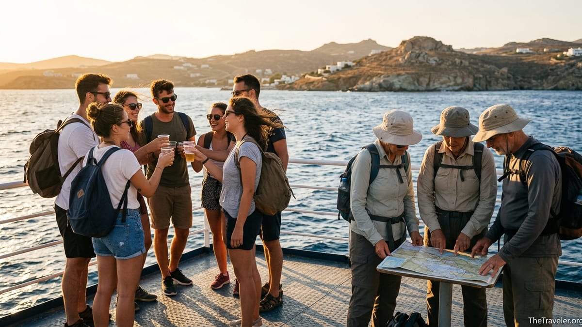 Young tour groups on a Greek island ferry, one lively, one relaxed, at sunset