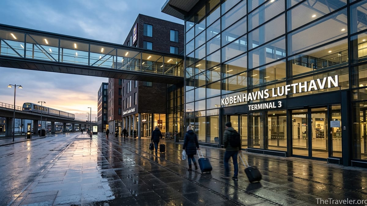 Early morning view of Copenhagen Airport with connected Clarion and Comfort hotels and travelers walking with luggage.