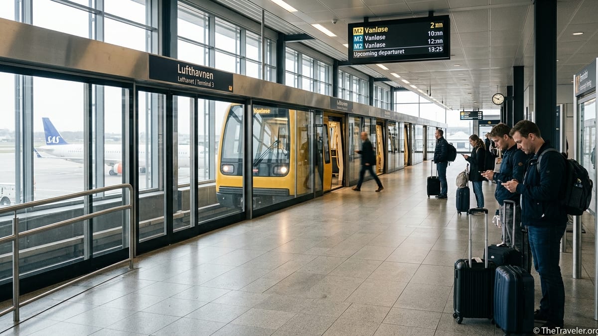 Copenhagen Airport’s M2 metro at Lufthavnen station with travelers boarding a train toward the city center.