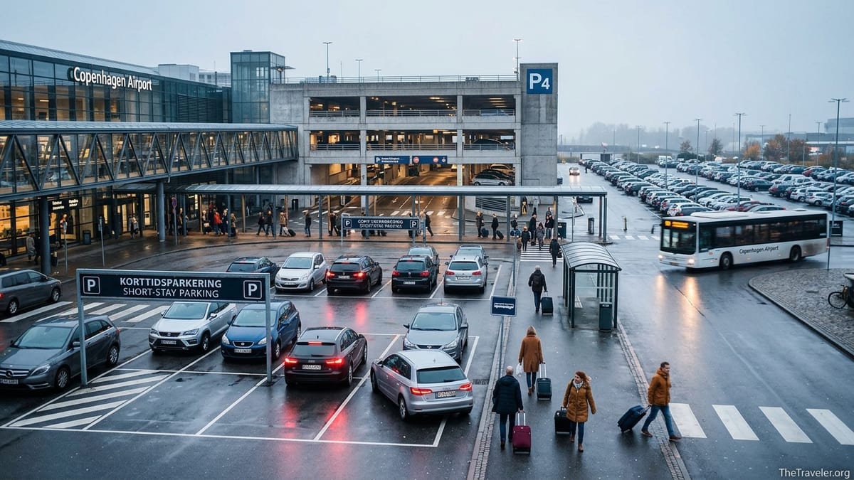 View of Copenhagen Airport parking with short-stay area, multi-storey garage and shuttle bus near Terminal 3.