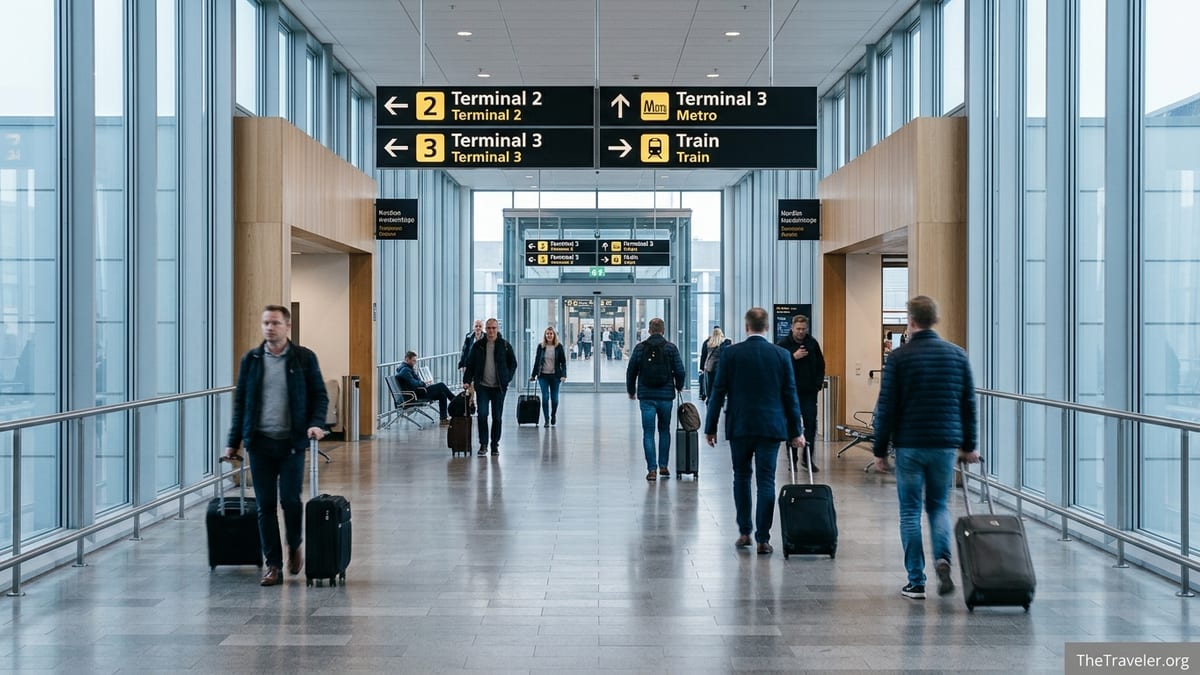Passengers walking between Copenhagen Airport Terminal 2 and Terminal 3 in the indoor arcade.