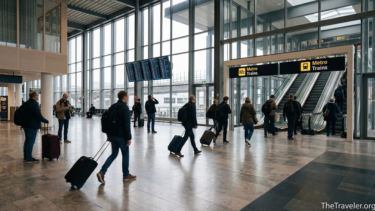Travelers with luggage walking toward the metro and train area in Copenhagen Airport Terminal 3.