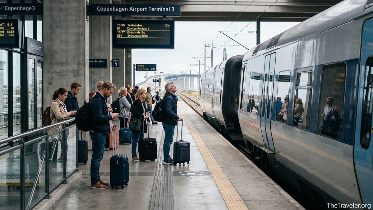 Travelers waiting with luggage for an Øresund train from Copenhagen Airport to Malmö.