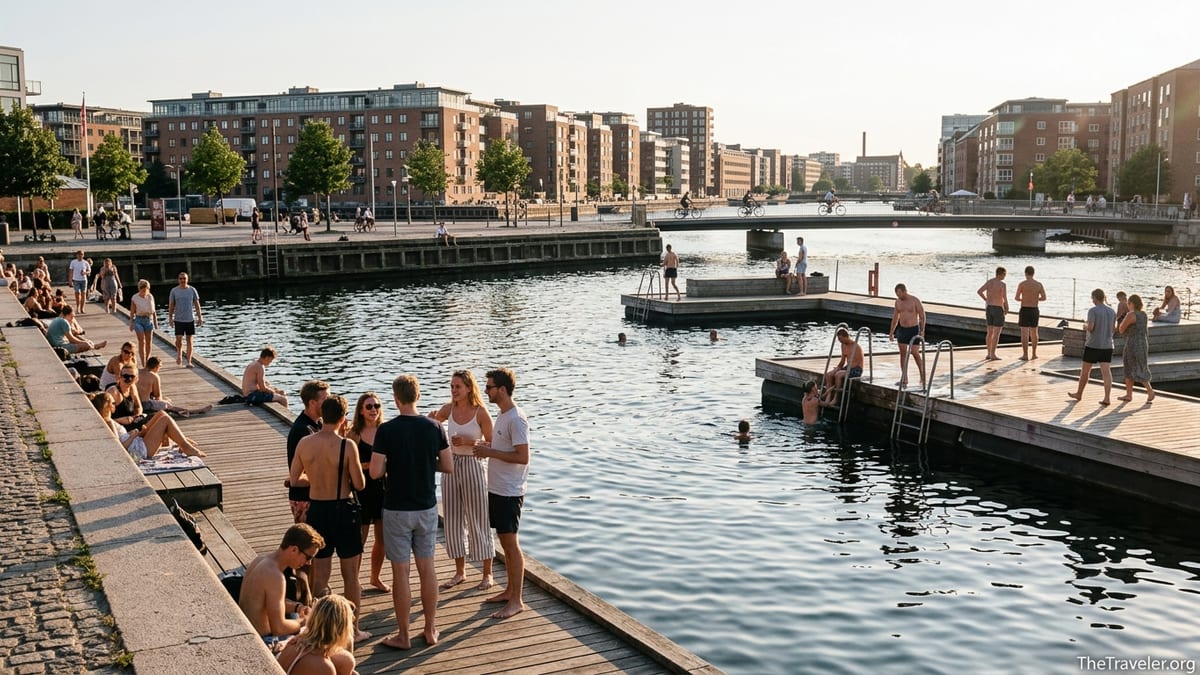 Summer evening at Copenhagen’s Islands Brygge harborfront with swimmers and cyclists by the water.