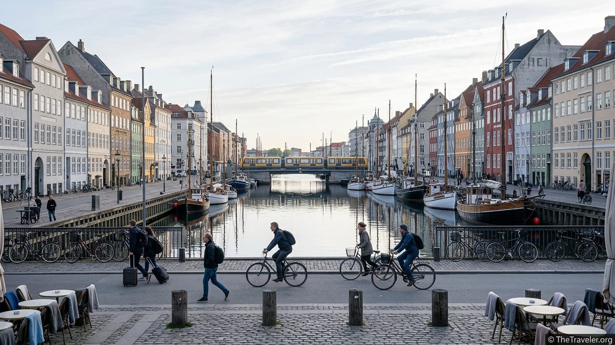 Morning view of Copenhagen harbor at Nyhavn with cyclists, boats, and colorful buildings.