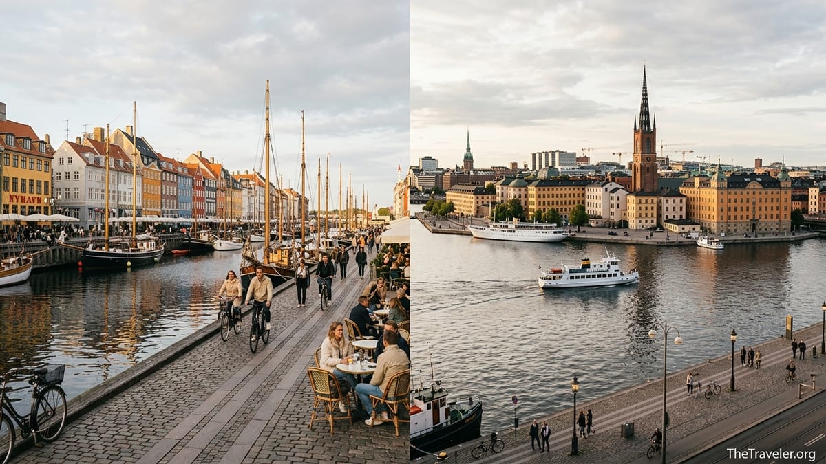 Harborfront views of Copenhagen’s Nyhavn and Stockholm’s old town at golden hour.