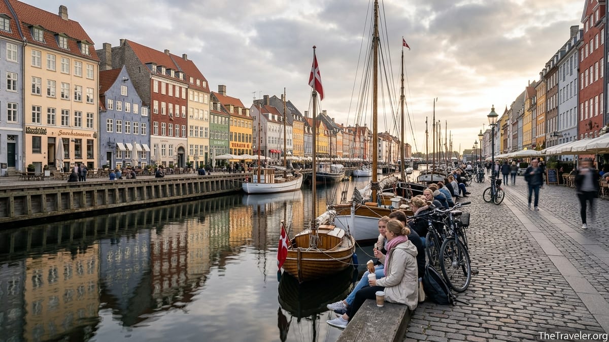 Summer evening view of Copenhagen’s Nyhavn canal with colorful houses, boats and people by the water