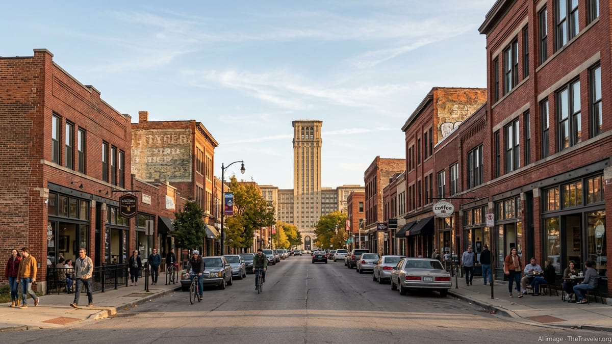 Street view of Corktown Detroit with brick storefronts and Michigan Central Station in the distance.