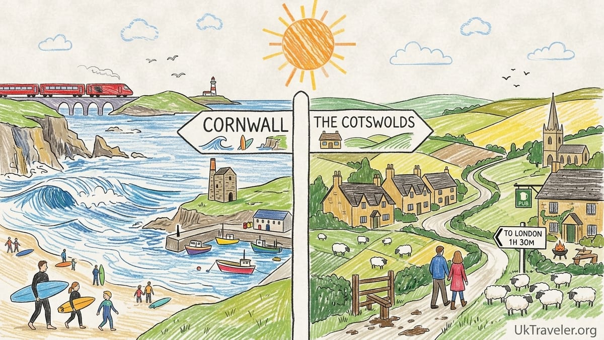 Rugged Cornish beach and cliffs contrasted with a rolling Cotswold village landscape in soft afternoon light.